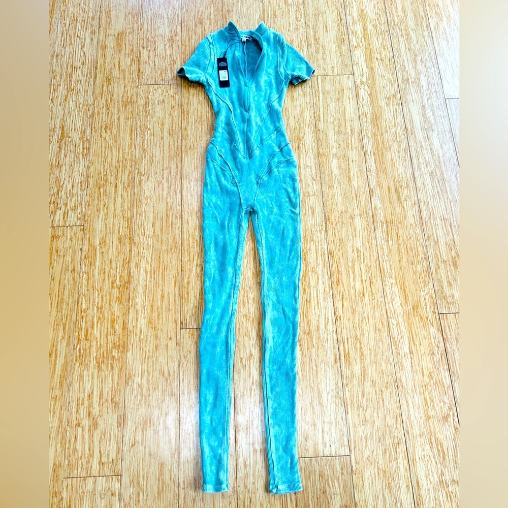 Fashion Nova New With Tags Body Suit Jumpsuit Janice Mineral Wash Blue Stretchy